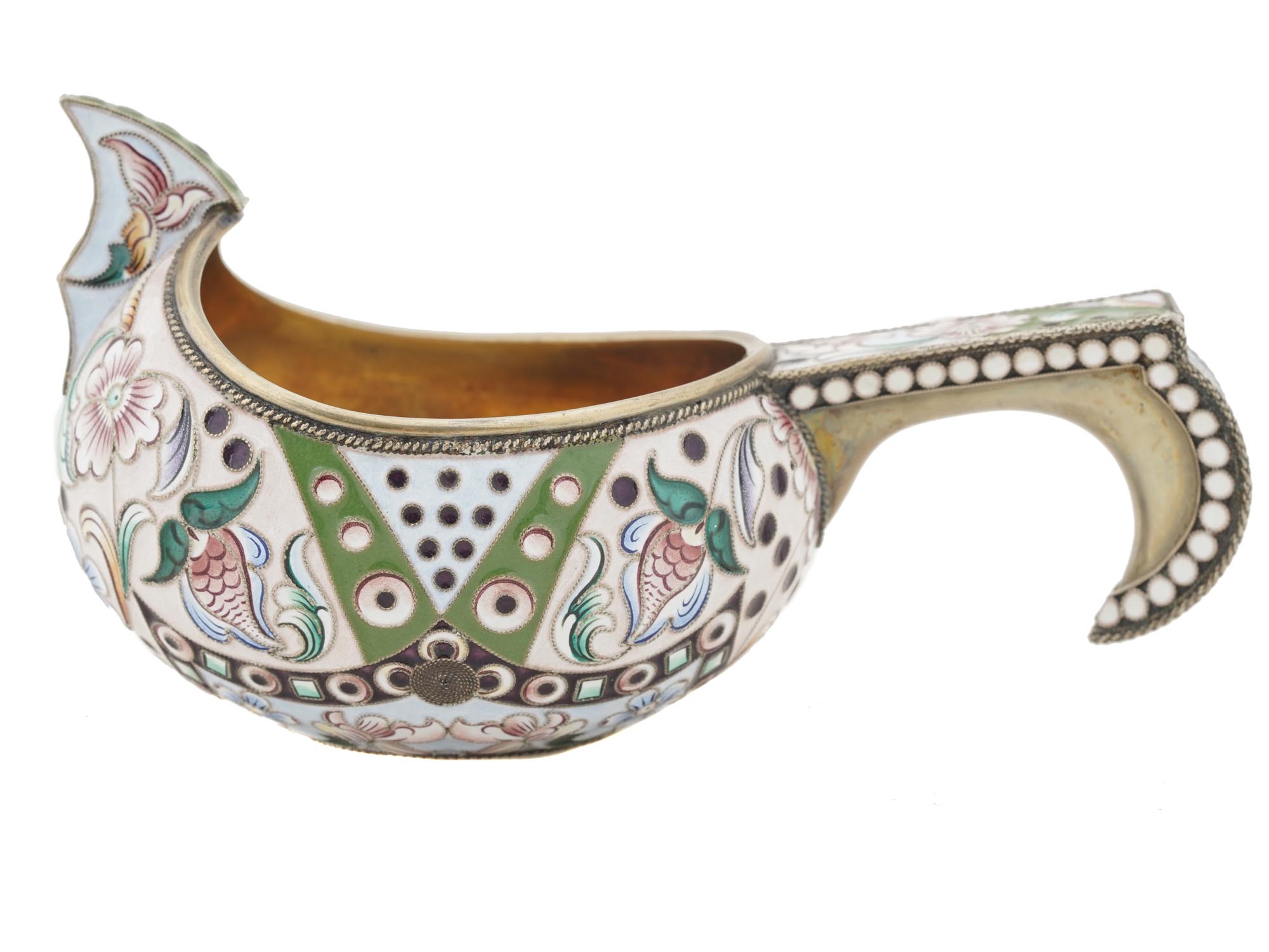 RUSSIAN GILT SILVER CLOISONNE ENAMEL KOVSH PIC-3